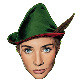 Bonniehood in a green feathered Robin Hood hat